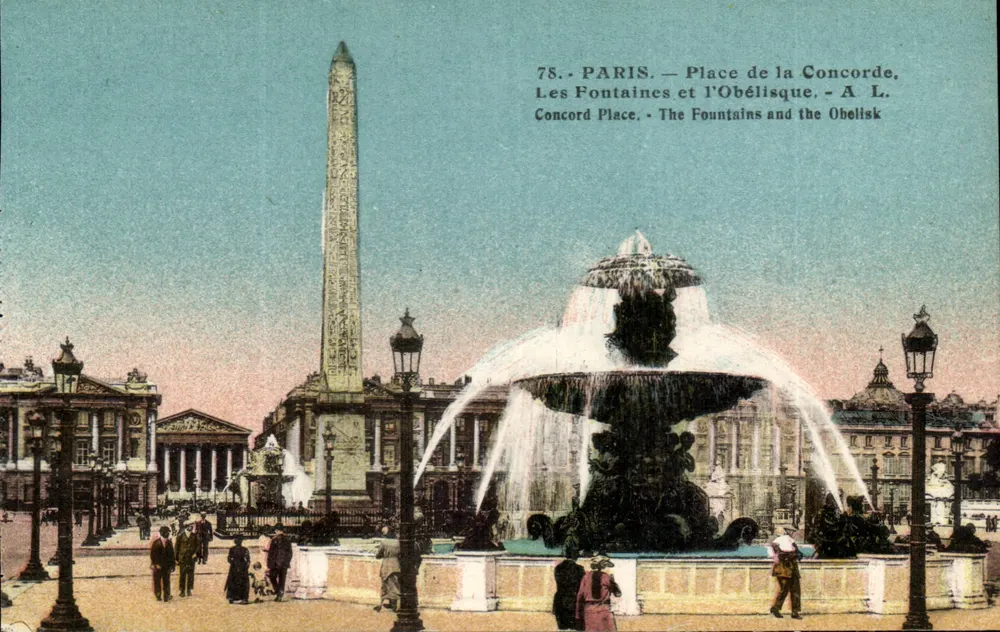 Paris — Place de la Concorde — Die Fontänen und der Obelisk — A. L. - Vorderseite