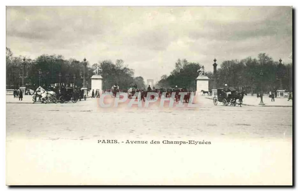 Paris - Avenida dos Campos Elísios — vista da praça da Concorde com carruagens — editor não identificado - Frente