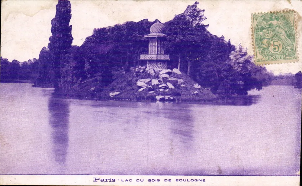 Paris - Lago do Bois de Boulogne — vista do lago com pavilhão em ilha — editor não visível - Frente