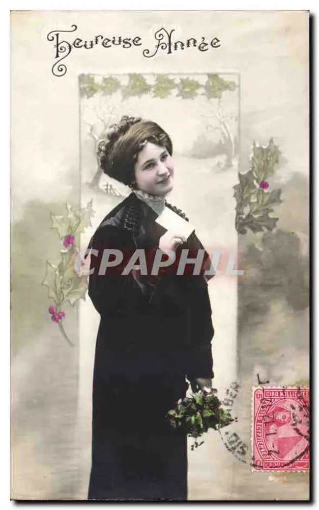 Frau in Schwarzkleid mit Ebereschenbouquet — 'Glückliches Neues Jahr' — Verlag CIRCA KILIGUE, Seriennummer nicht sichtbar - Vorderseite