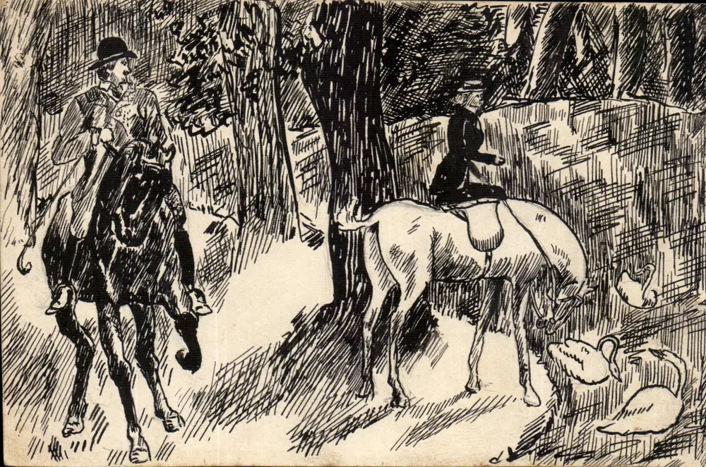 Zwei Reiter in dem Wald — mit Schwänen — Zeichnung von J. J. L. - Vorderseite
