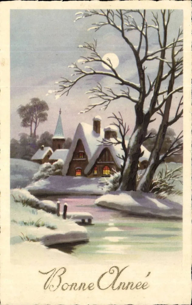 Schneebekleidetes Schloss unter dem Mond — Frohe Neujahr — illustrierte Karte - Vorderseite