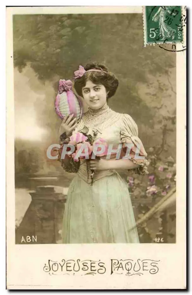 Junge Frau, die einen Ballon und Blumen hält — Frohe Ostern — ABN, Nr. 126 - Vorderseite