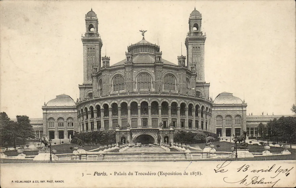 París - Palacio del Trocadéro (Exposición de 1878) — P. Helmlinger & Cie, Imp. Phot. Nancy, n°3 - Anverso
