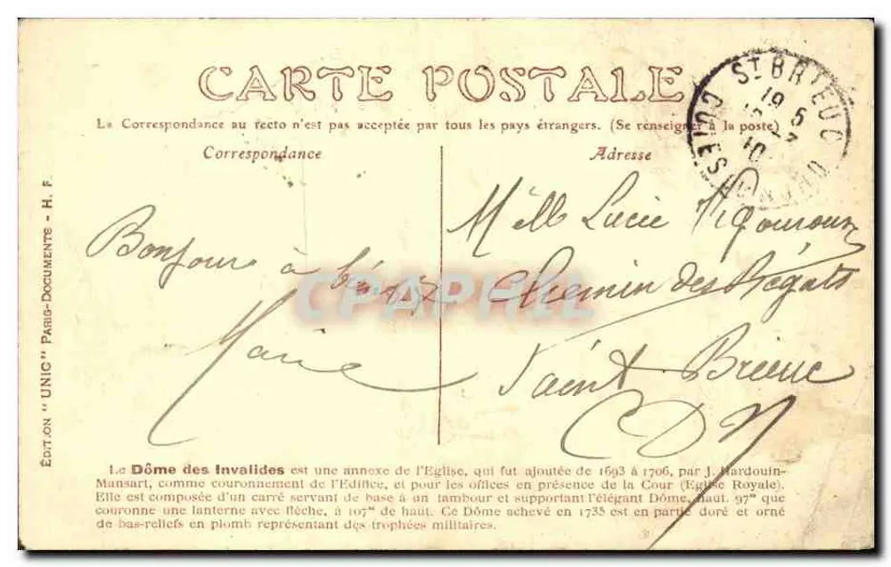 PARIS (7e Arr.) — O Domo dos Inválidos — Edição UNIC - Verso