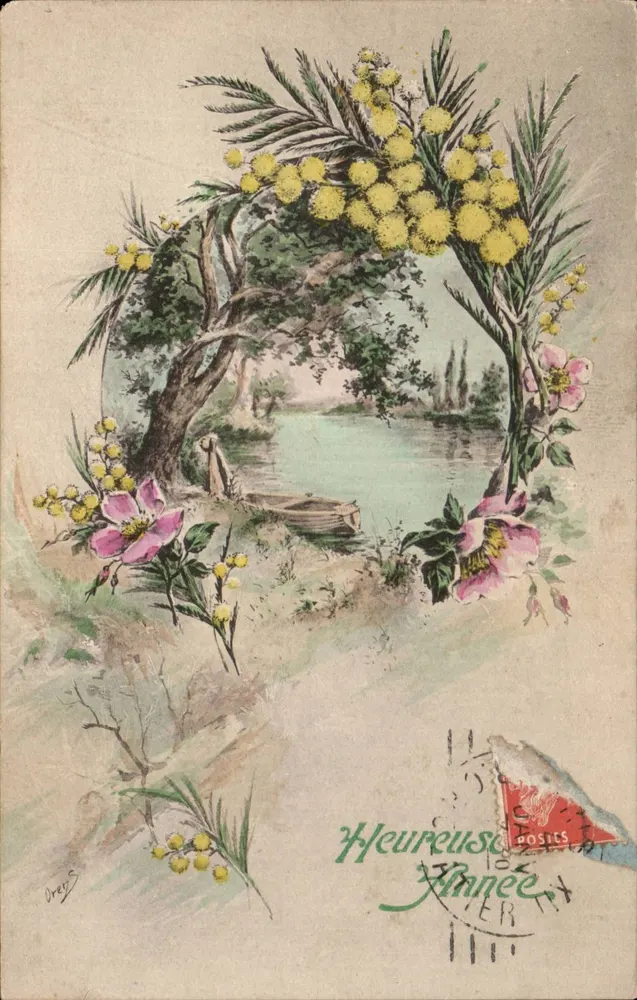 Heureuse Année — décor floral de mimosas et roses — éditeur Réve, N° 005 - Recto
