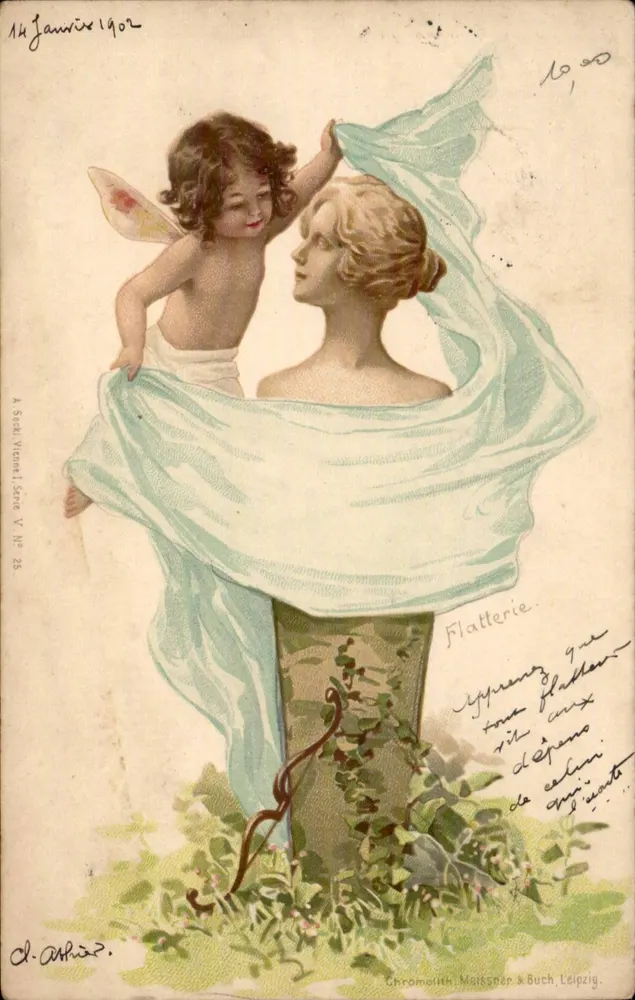Flatterer — Szene-Details — Chromolithografie. Meissner & Buch, Leipzig, Serie V Nr. 25 - Vorderseite