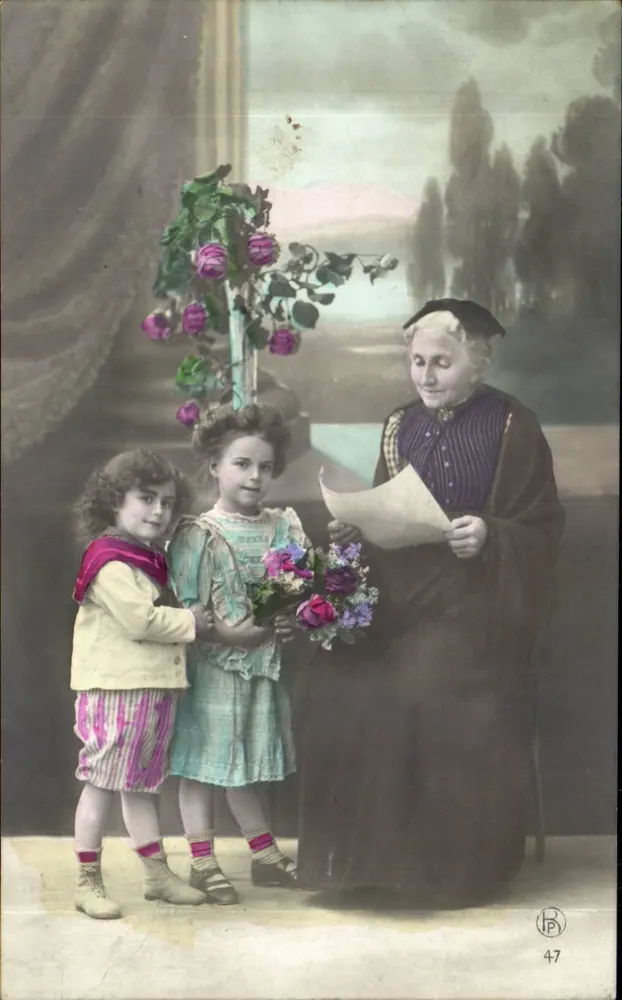 Zwei kleine Mädchen, die Blumen einer alten Dame überreichen — Verleger BPV, n° 47 - Vorderseite