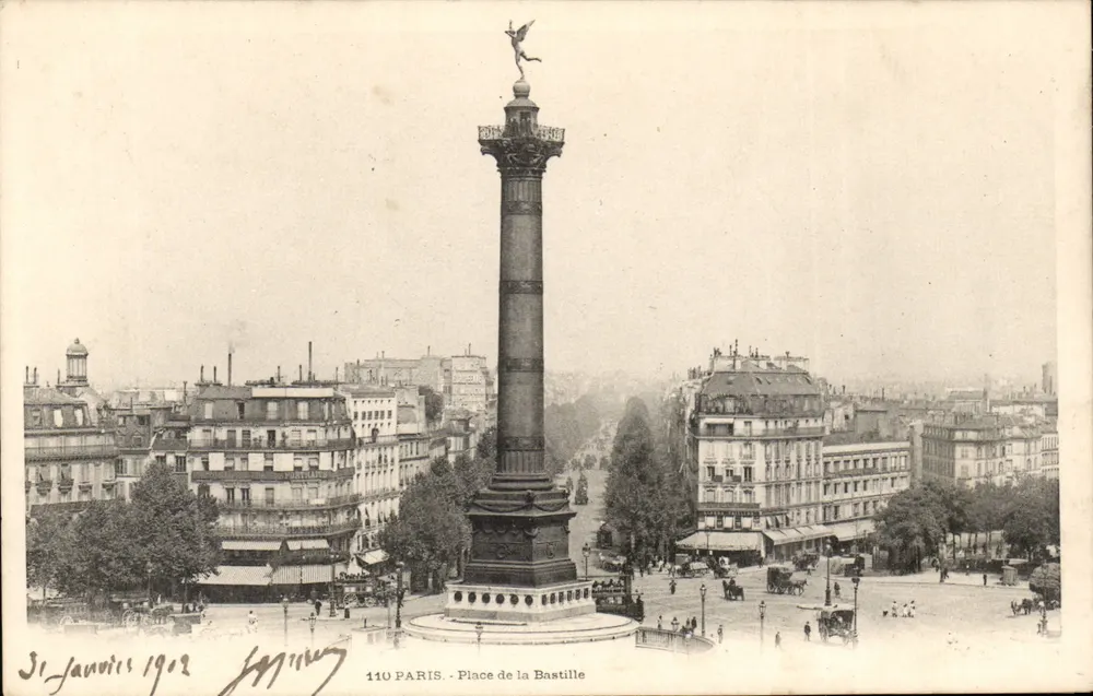 Place de la Bastille — monumentale kolom met vleugelstatue — uitgever J. Mering, n° 110 - Voorkant