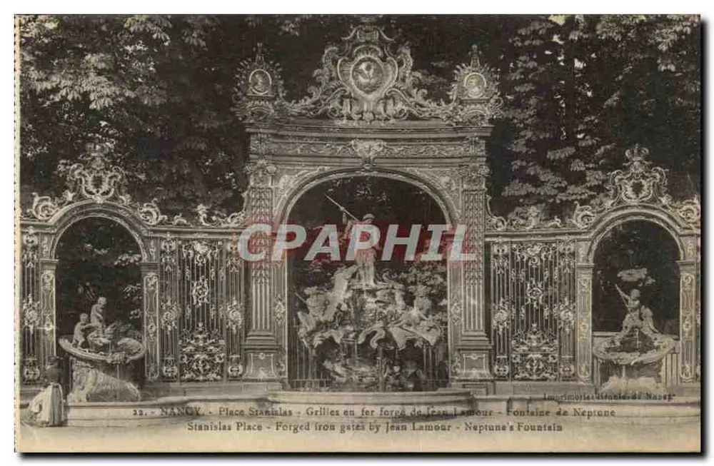 NANCY - Place Stanislas - Gitter aus Gusseisen von Jean Lamour - Fontäne Neptun - Vorderseite