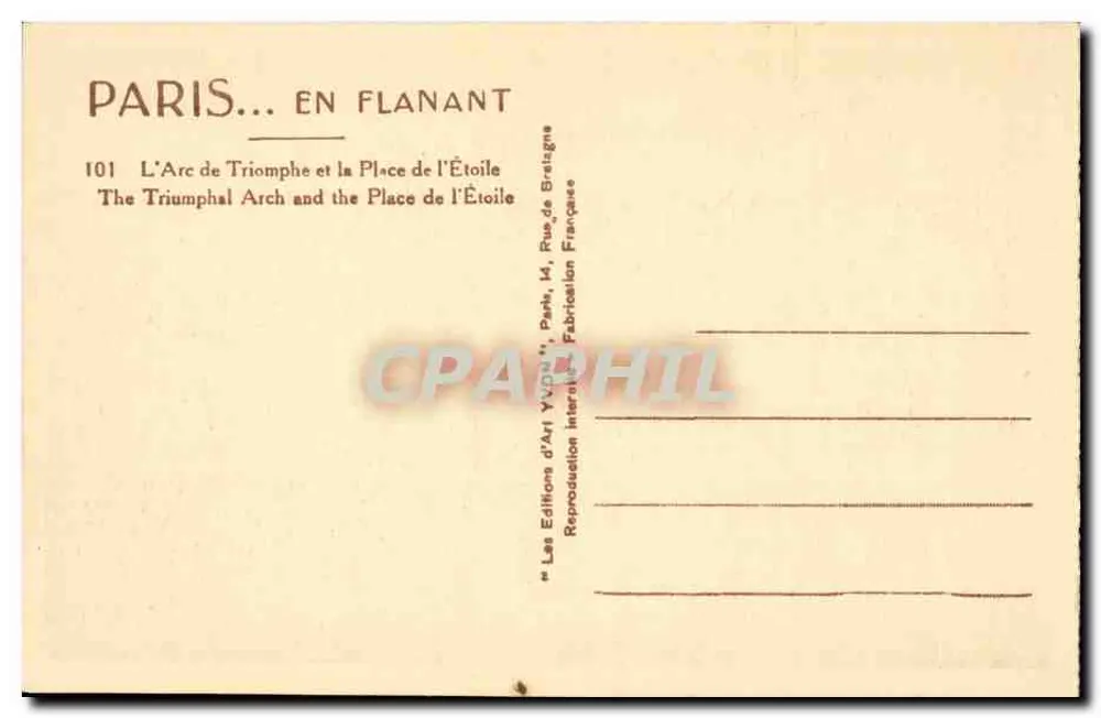 Paris — Arco do Triunfo e Praça da Estrela — Edições d'Art Yvon, Paris - Verso