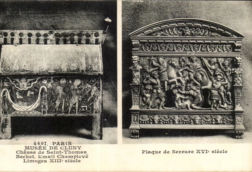Schrein des Heiligen Thomas Becket, Champelevé Email, 13. Jahrhundert — Museum Cluny, Paris — Schlossplatte, 16. Jahrhundert — Museum Cluny, Paris - Vorderseite