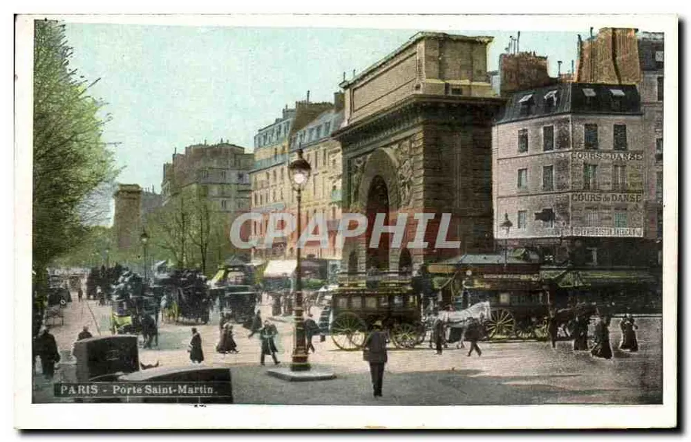Paris - Porta Saint-Martin — vista urbana com carruagem a cavalo e letreiro 'Cours de Danse' — editor não identificado - Frente