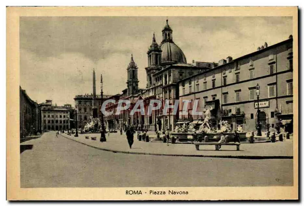 Rom - Piazza Navona — Ansicht der Piazza mit der Fontäne und dem Tempel der Jungfrau - Vorderseite