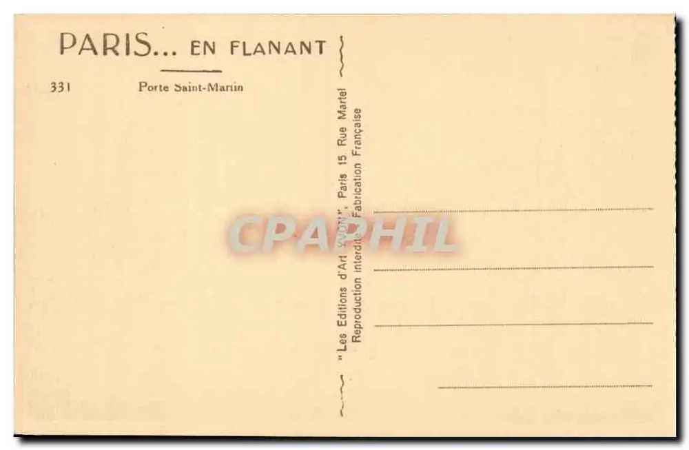 Porta Saint-Martin — Paris — Éditions d'Art Flanant, n° 331 - Verso