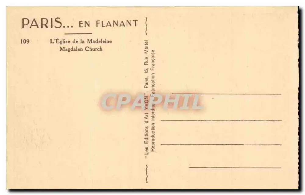 A Igreja da Madeleine — Paris — Edições d'Art Yvon - Verso