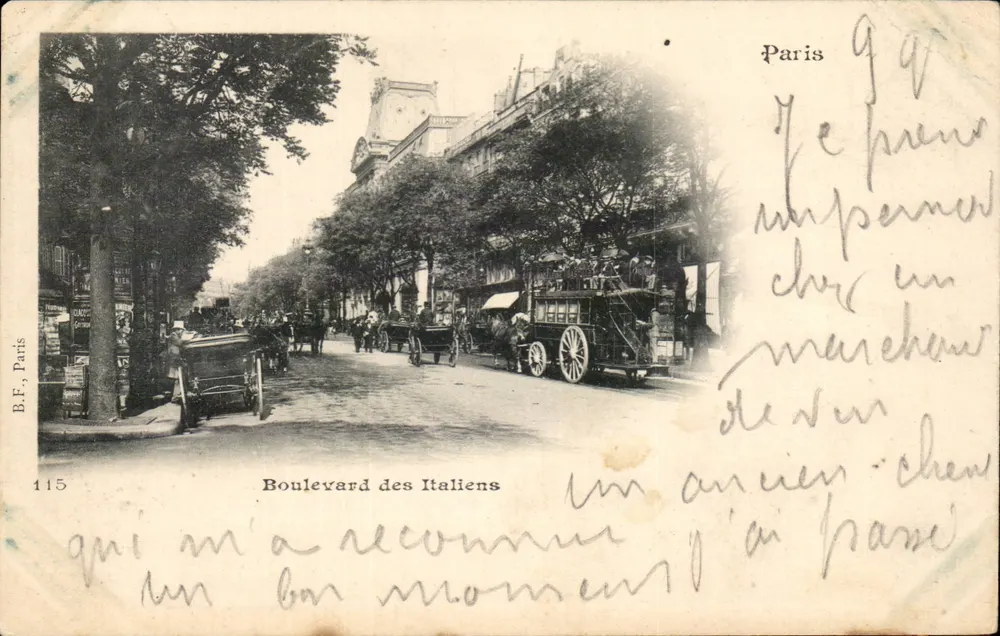 Boulevard des Italiens — vue urbaine avec calèches — éditeur B.F. Paris, n° 115 - Frente