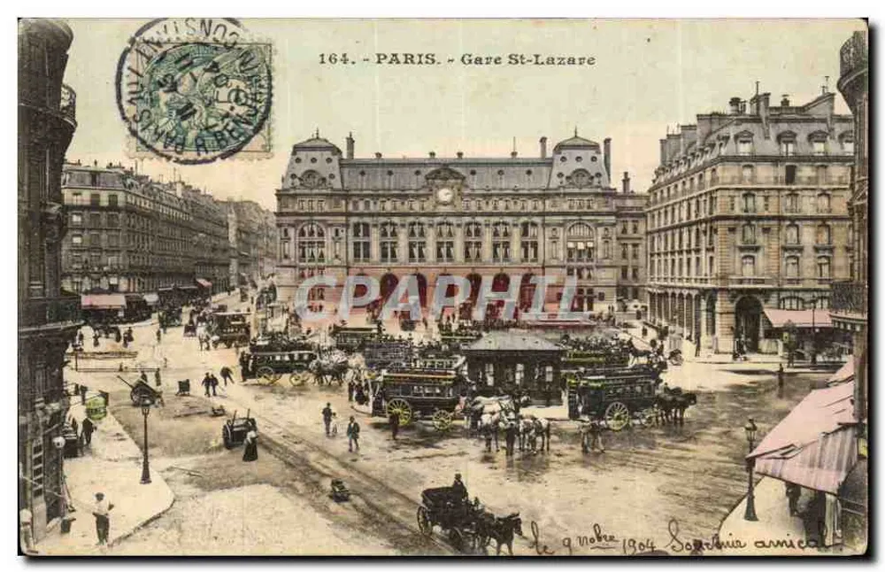 Paris - Gare St-Lazare — Ansicht der Station mit Kutschen — Verlag Paris 164 - Vorderseite