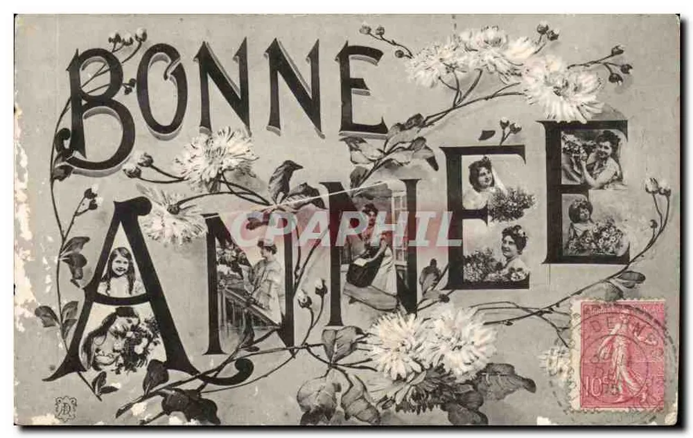 Guten Jahresbeginn — Blumendekorationen und Porträts — Heliotypie Dugas et Cie, Nantes - Vorderseite