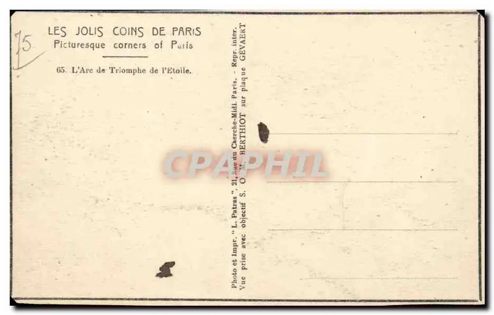 Arc de Triomphe — Paryż — wydawca L. Patras, nr 65 - Rewers