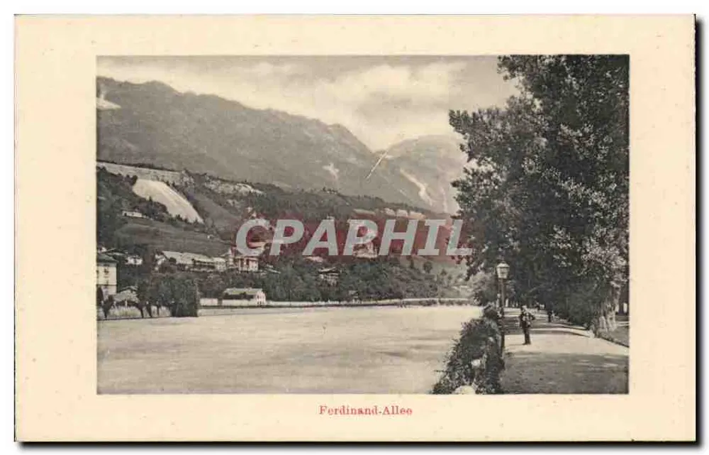 Ferdinand-Allee — Blick auf die Promenade am Ufer eines Sees mit Bergen im Hintergrund — Verlag unbekannt - Vorderseite