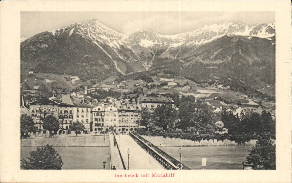 Innsbruck mit Mariahilf — Ansicht der Stadt und der Brücke über den Inn — unbekannter Verlag - Vorderseite