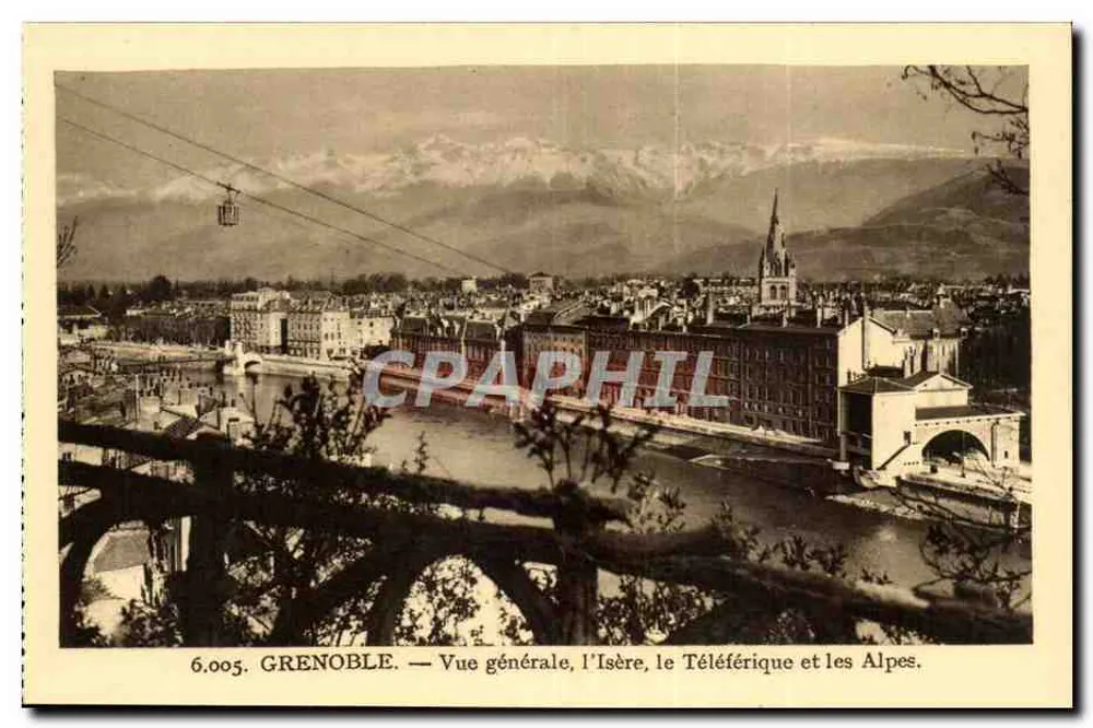 Grenoble — Allgemeiner Blick, die Isère, der Seilbahn und die Alpen — 6.005 - Vorderseite
