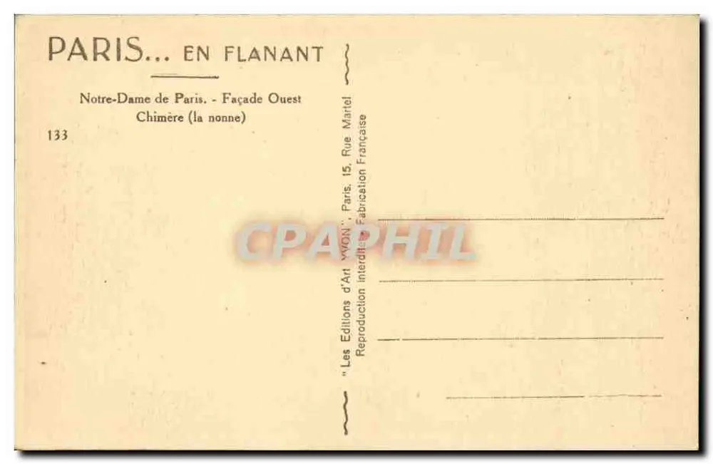 Notre-Dame de Paris — Fachada Oeste — Chimera (a freira) — Les Éditions d'Art YVON, Paris - Verso