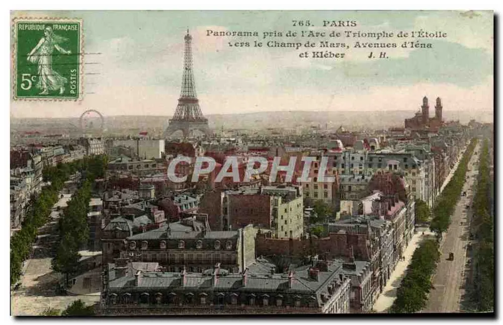 Paris — Panorama vom Arc de Triomphe de l'Étoile zum Champ de Mars, Avenue d'Éna und Kléber — J. H. — Nr. 765 - Vorderseite