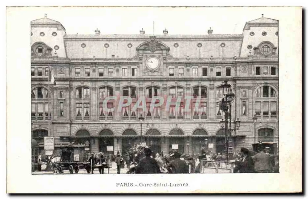 Paris - Gare Saint-Lazare — vista do edifício com relógio e multidão — editor não identificado - Frente