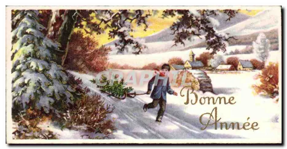 Kind, der einen Schlitten zieht — Winterlandschaft — Grapheil, Nr. 1987 - Vorderseite