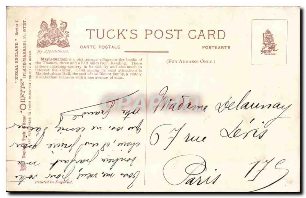 Moinho perto de Mapledurham — vista pitoresca — F. T. Adams, série 9737, Tuck's Post Card - Verso