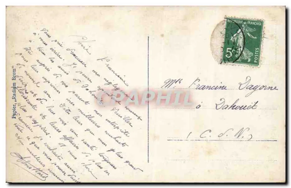 Frau in einem gelben Kleid — mit Blumenstrauß — Papier 'Radium Brom' n°6186-5 - Rückseite