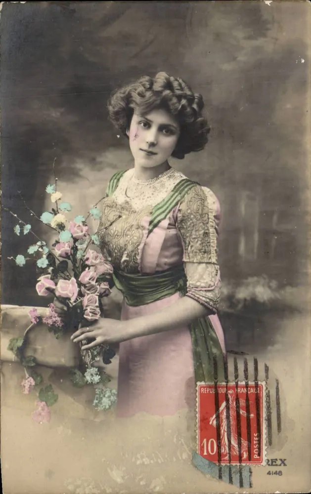 Junge Frau in einem rosa Kleid mit Blumenstrauß — Verlag REX n°4148 - Vorderseite