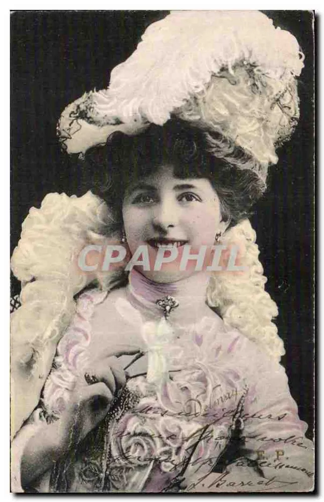 Frau im eleganten Kleid — Hut mit Federn — Verlag Delmay, n° 34 - Vorderseite