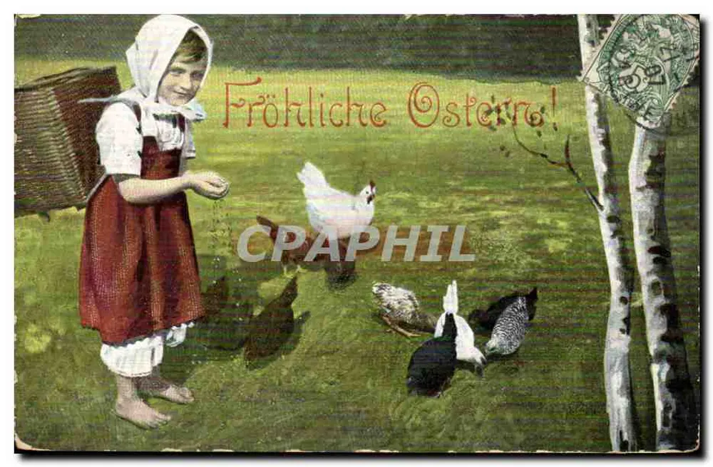 Mädchen, das Hühner füttert — Fröhliche Ostern! — Ansichtskarten-Serie 138 - Vorderseite