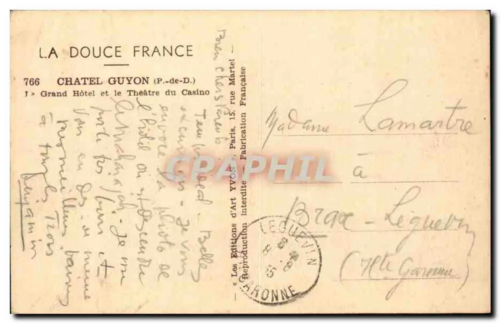 Royat - Estação do Coração — Grand Hôtel — Editor: La Douce France, n° 766 - Verso