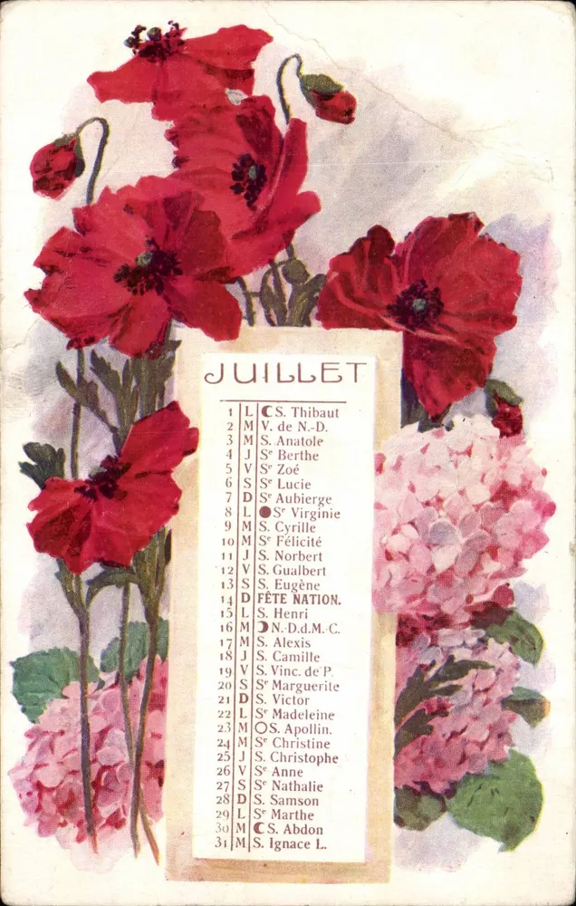 Fiori di luglio — calendario dei santi — editore Color, Parigi, n° 543 - Recto