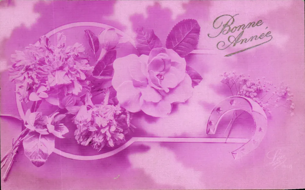 Blumen und Sanduhr — Frohes Neues Jahr — Verleger Léon, Nr. 478 - Vorderseite