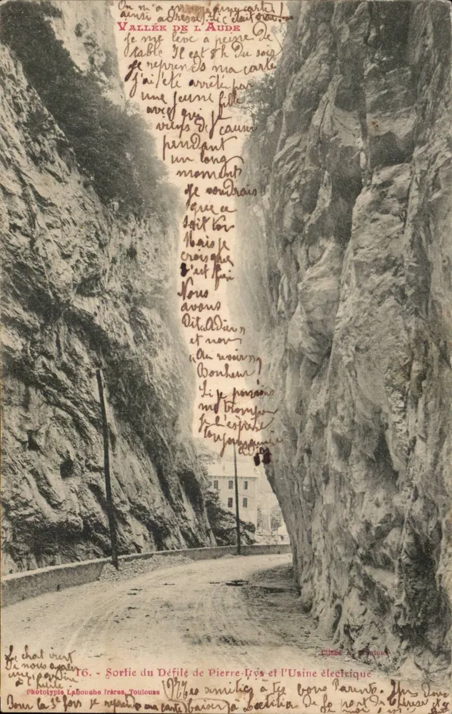 Tal der Aude — Ausfahrt des Pierre-Pays-Passes und die Elektrizitätsfabrik — Phototypie Labouche frères, Toulouse - Vorderseite