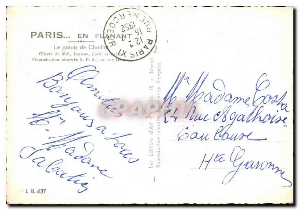 Palais de Chaillot — Paris — Éditions d'Art Martel, n° I. B. 637 - Rückseite