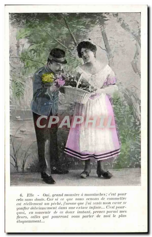 Soldat, der Blumen einer jungen Frau anbietet — romantische Szene — unbekannter Verlag, Nr. 6 - Vorderseite