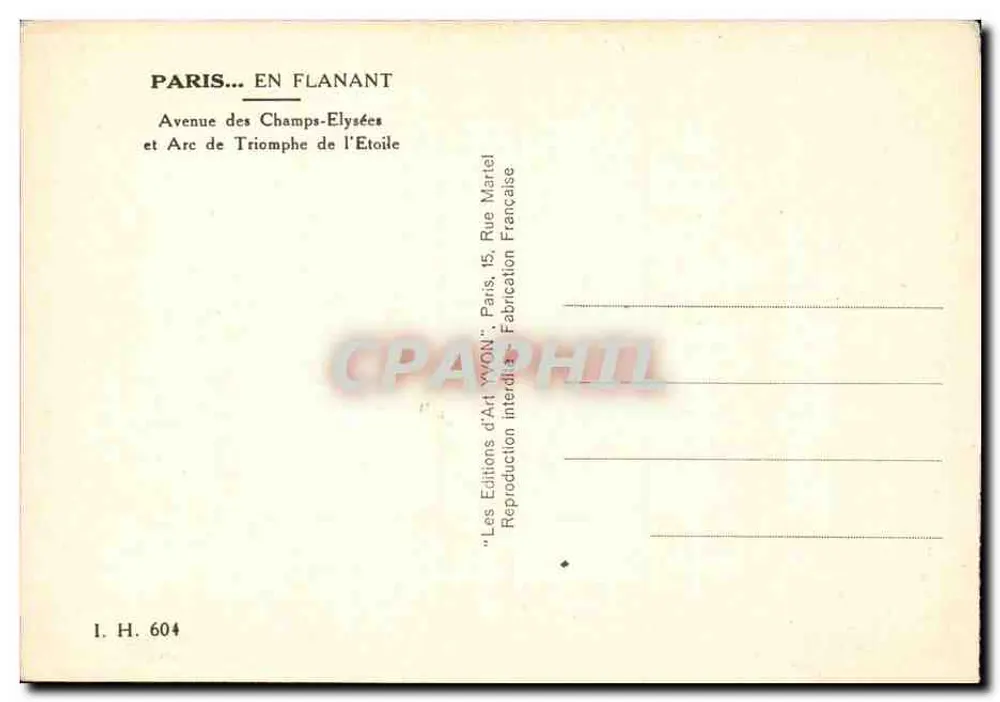 Avenue des Champs-Élysées — Arc de Triomphe — Les Éditions d'Art 'WON' Paris - Rückseite