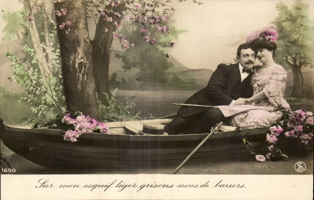 Casal amoroso em um esquife — cena de jardim — editor S, n° 1690 - Frente