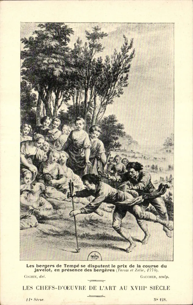 Die Schäfer von Tempé streiten um den Preis des Speerwerfens — in Anwesenheit der Schäferinnen (Tarsis und Zelie, 1774) — Cochin, Grav. Gaucher, Skulpt. — 11. Serie, Nr. 128 - Vorderseite