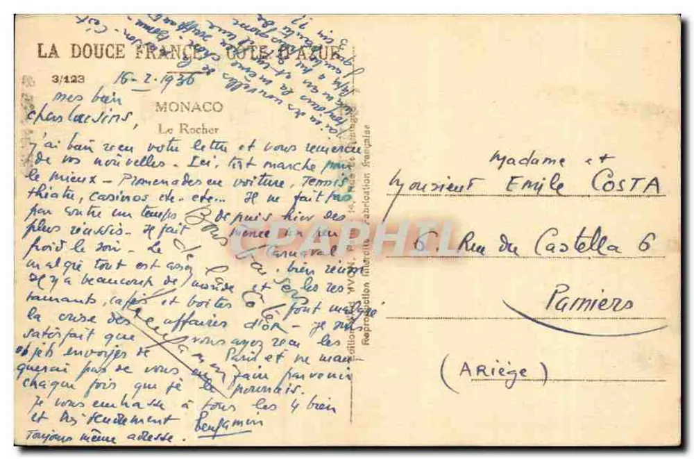 O Rocher — Mônaco — editor Yvon - Verso