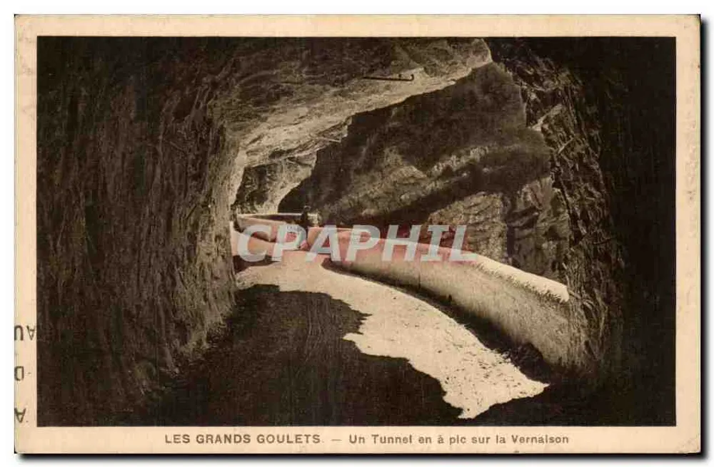 Die Großen Goulets — Ein Tunnel, in steilem Fels geschnitten, an der Vernaison — Kunst Heliogravur Martinotto Frères - Vorderseite