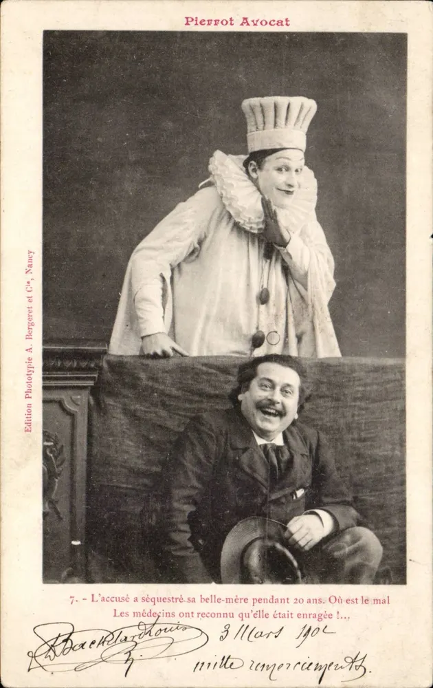 Pierrot Avocat — komische Szene mit Mann in Clowns-Kostüm — Phototypie-Ausgabe A. Bergeret et Cie, Nancy, Nr. 7 - Vorderseite