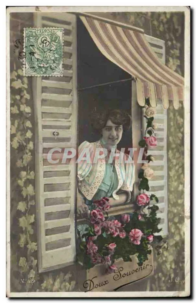 Frau am Balkon — Rosen und Efeu — Verlag J. O. Nr. 162 - Vorderseite