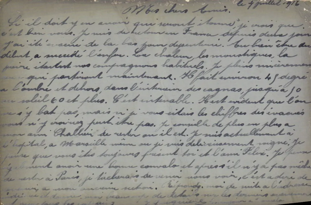 Handgeschreven ansichtkaart — Brief aan M. Marcel Collot — gedateerd 4 juli 1916 - Voorkant